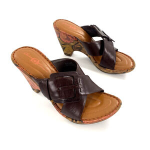 Born Crown Cross Strap Floral Cork Heel Sandals Sz 38/7.5 Brown Leather Buckle
